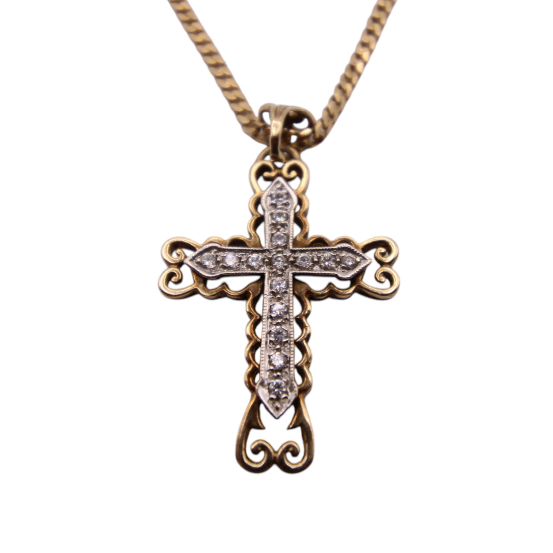 9ct Yellow Gold Curb Chain and CZ Filigree Cross Pendant