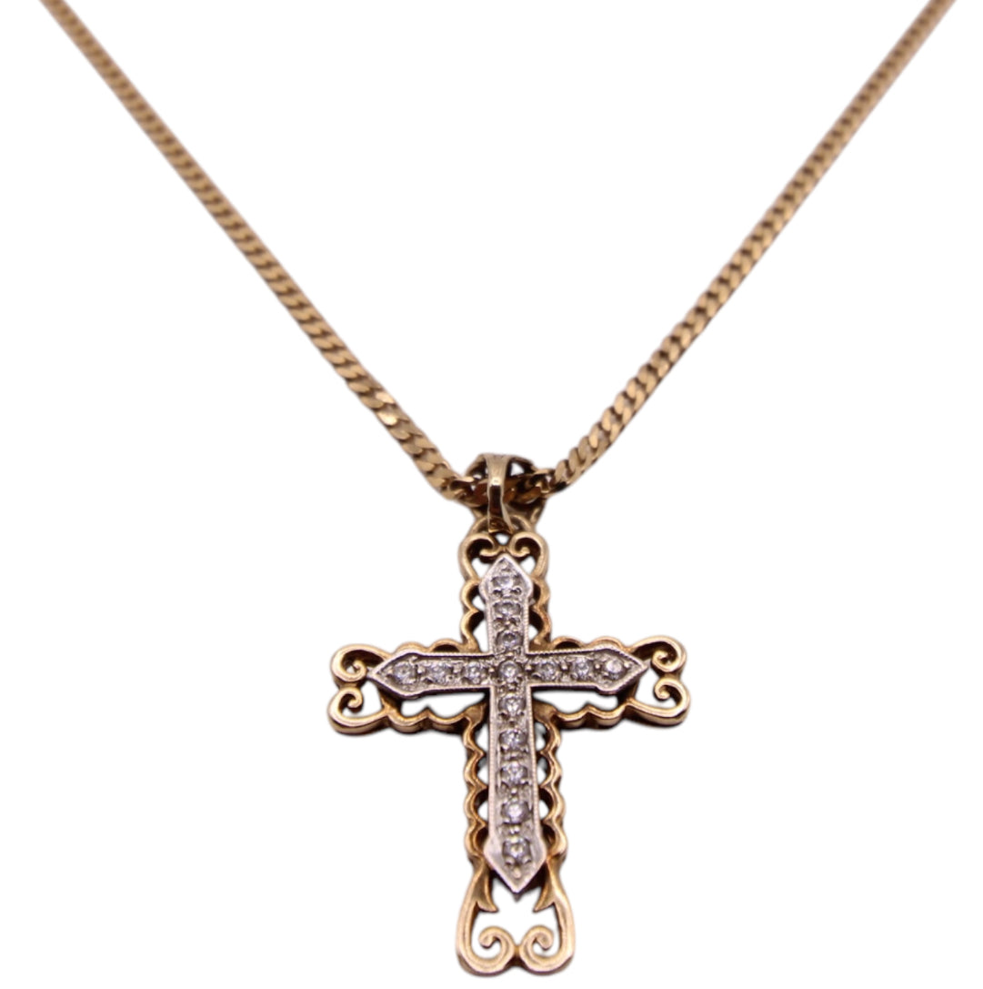 9ct Yellow Gold Curb Chain and CZ Filigree Cross Pendant