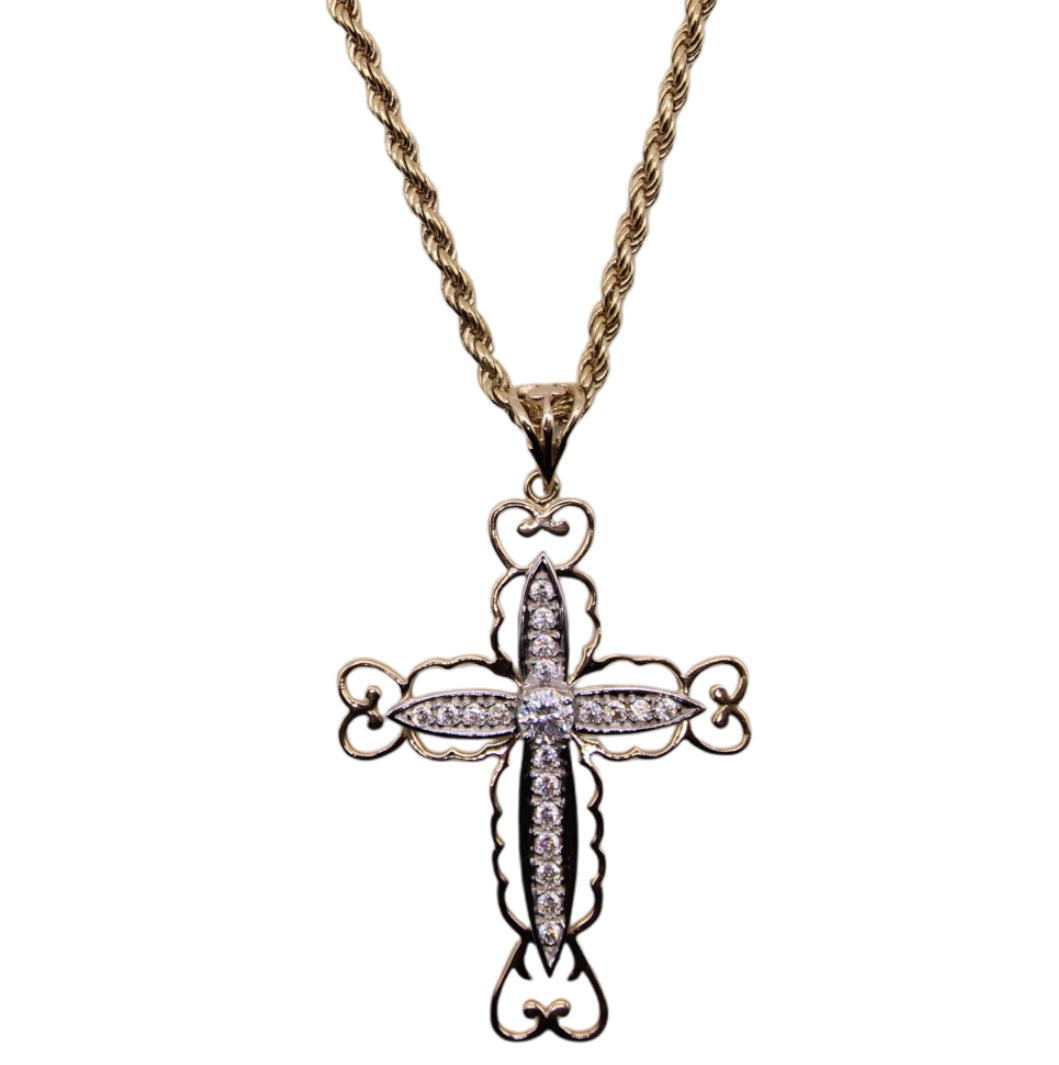 9ct Yellow Gold Rope Chain(s) and CZ Filigree Cross Pendant(s)
