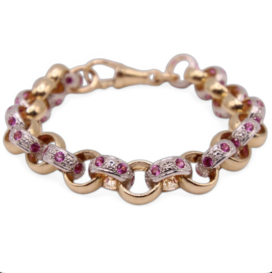 9ct Yellow Gold Pink Stone CZ Belcher Bracelet